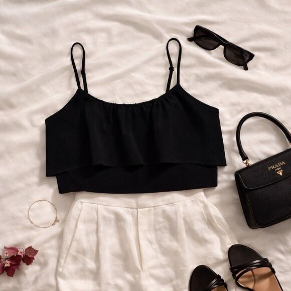 Express Tops - Black Ruffle Crop Top Cami Strappy Fitted Coquette Going Out Y2K Minimalist CBK